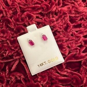 Pink Stone Squre Rectangle Emerald Cut Diamond Stud Earrings